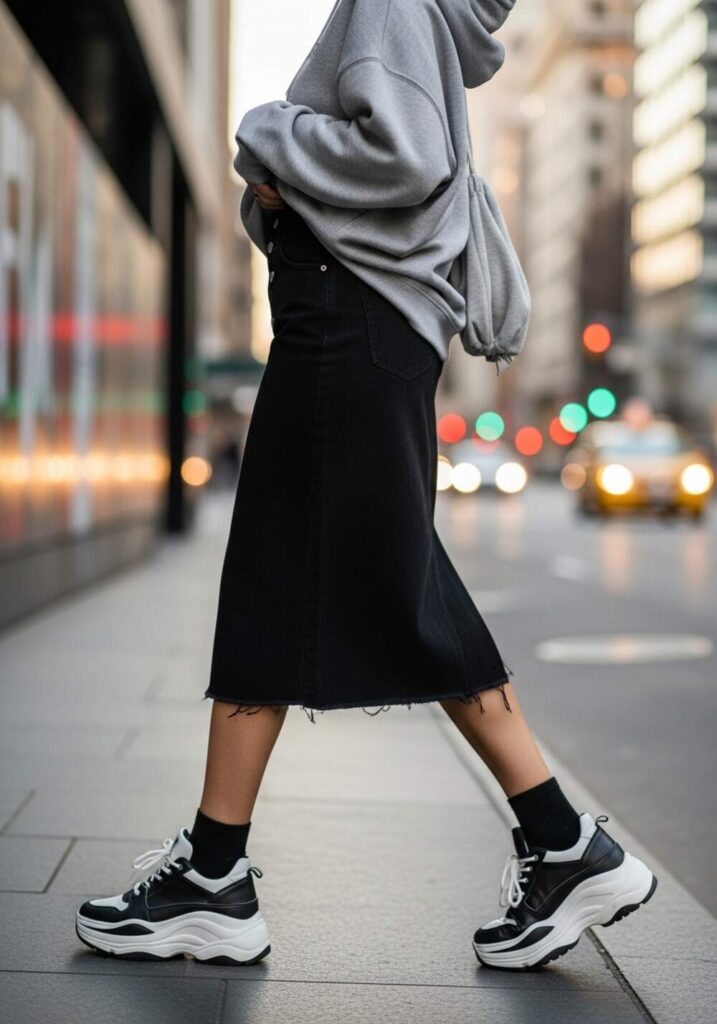Black Denim Midi Skirt with Hoodie