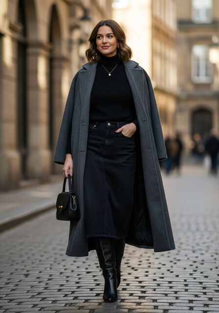 Black Denim Midi Skirt with Turtleneck
