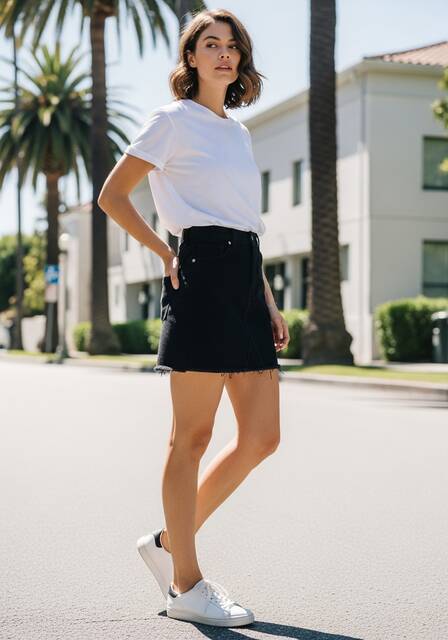 Black Denim Mini Skirt with Casual Tee