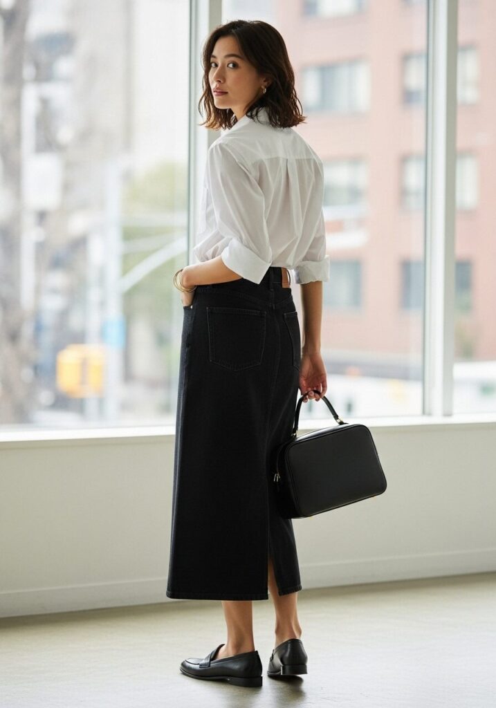 Black Denim Skirt with Button-Down Shirt