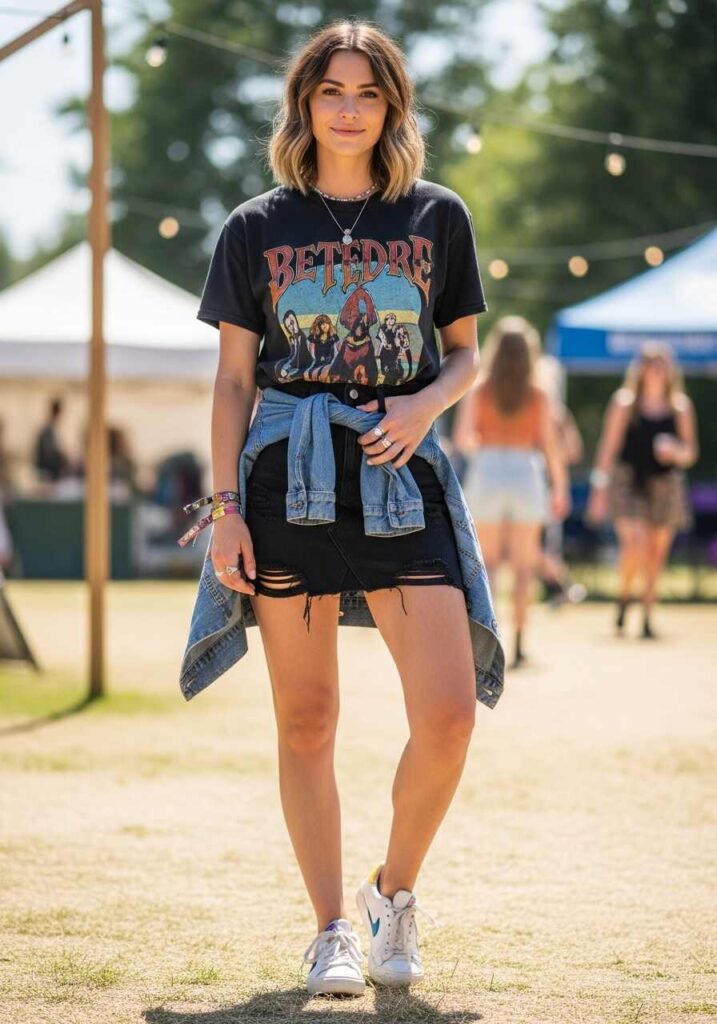 Black Denim Skirt with Graphic Tee