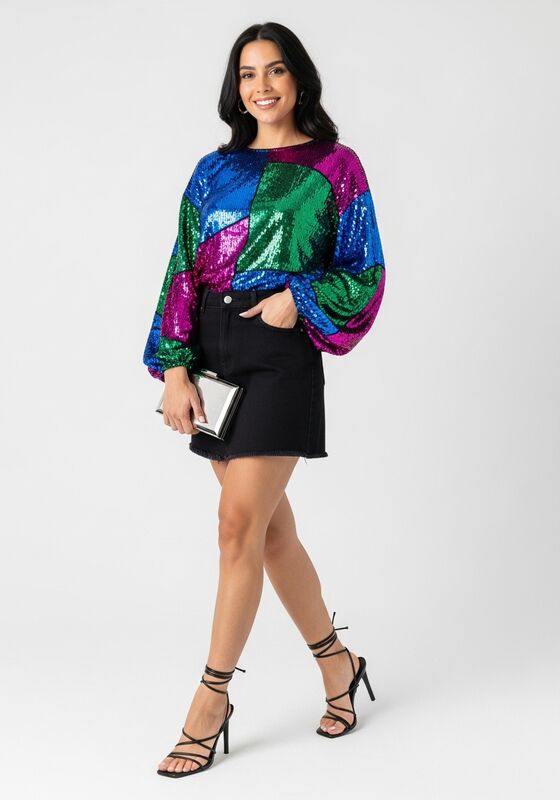 Black Denim Skirt with Statement Top