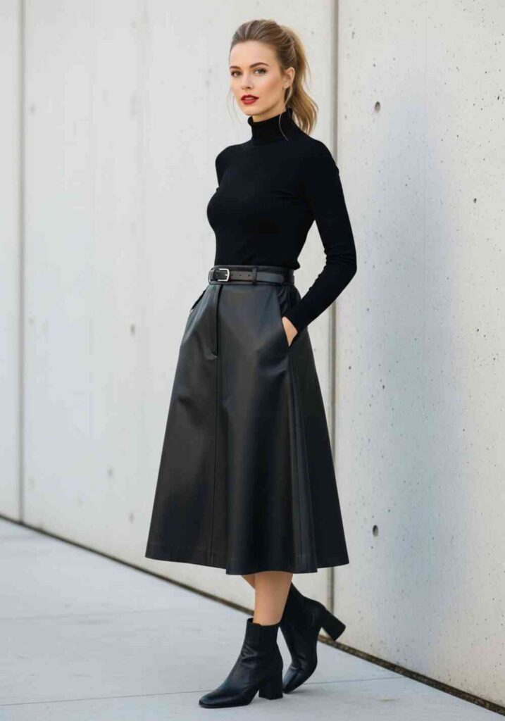 Black Leather Midi with Black Turtleneck