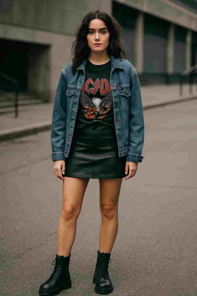 Black Leather Mini Skirt with Graphic Tee