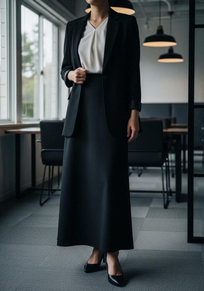 Black Maxi Skirt with Blazer and Blouse