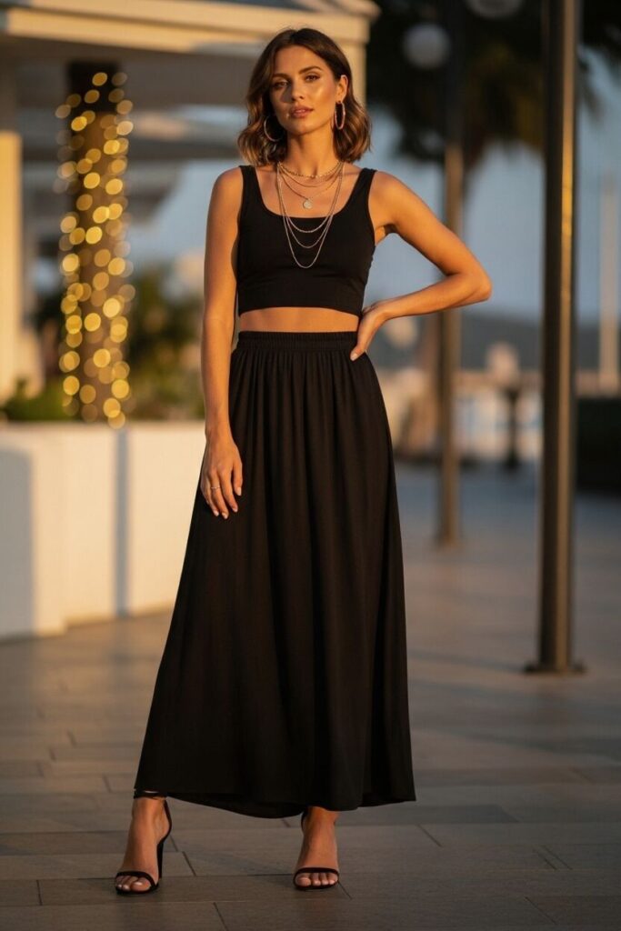 Black Maxi Skirt with Cropped Top