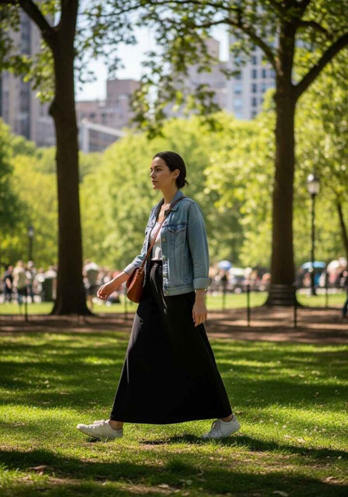Black Maxi Skirt with Denim Jacket