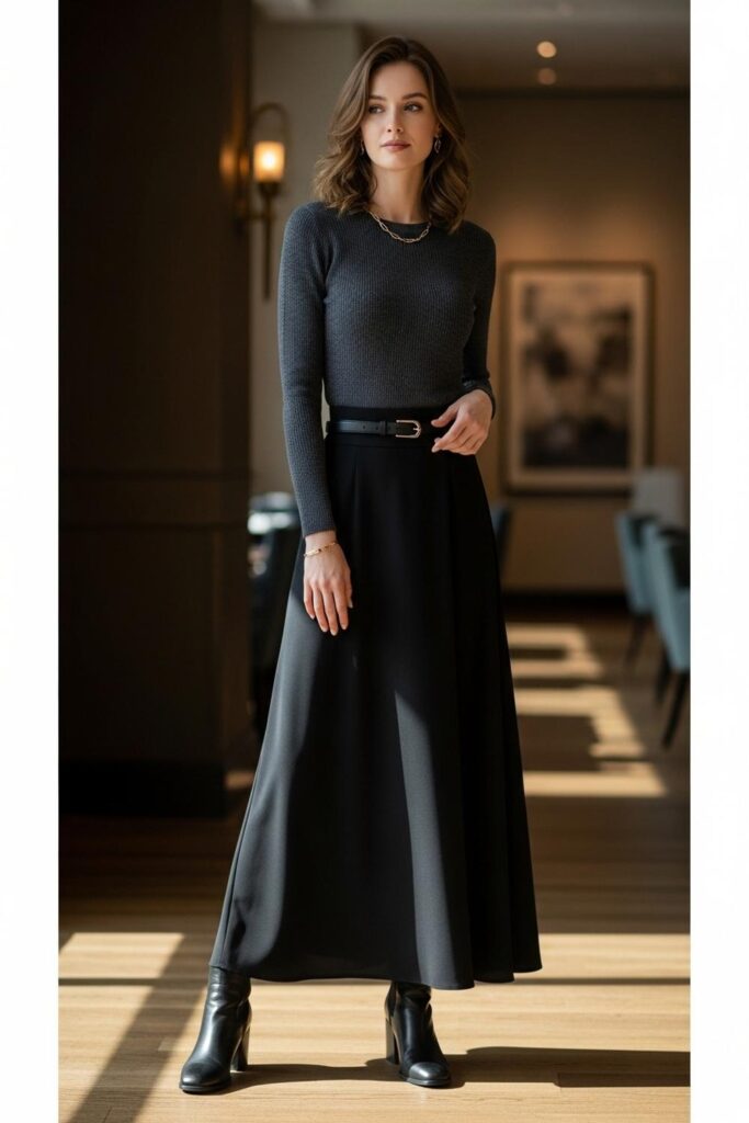 Black Maxi Skirt with Knit Top and Belt