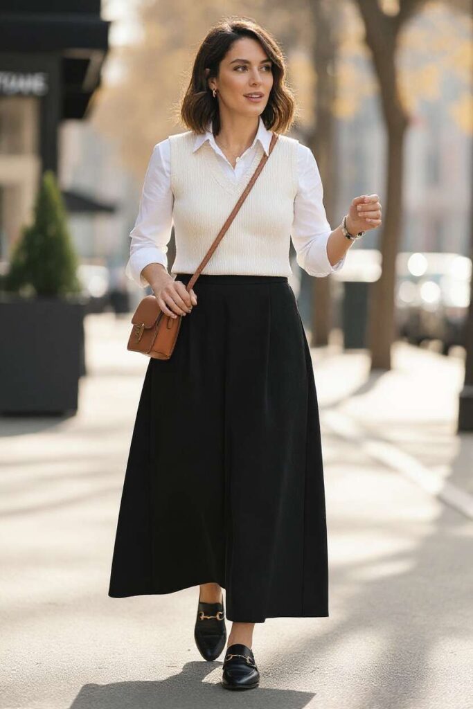 Black Maxi Skirt with Knit Vest and Shirt