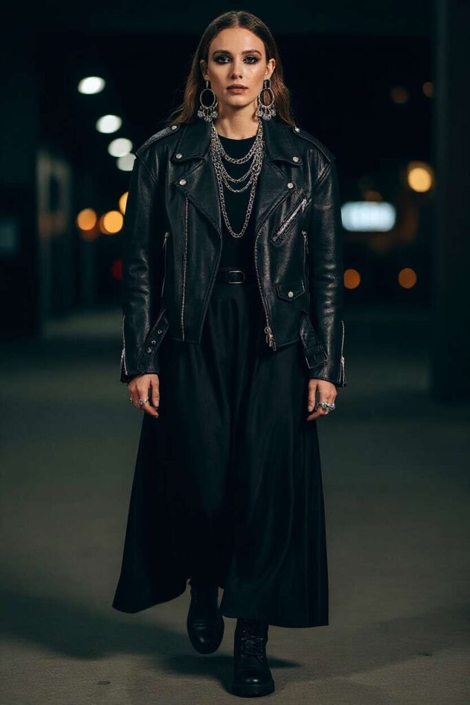 Black Maxi Skirt with Leather Jacket