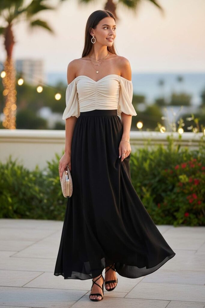 Black Maxi Skirt with Off-Shoulder Top