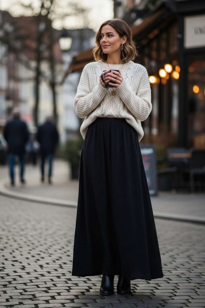 Black Maxi Skirt with Oversized Sweater