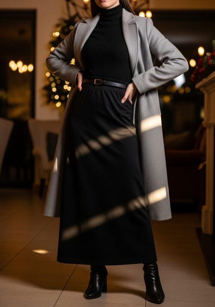 Black Maxi Skirt with Turtleneck and Boots