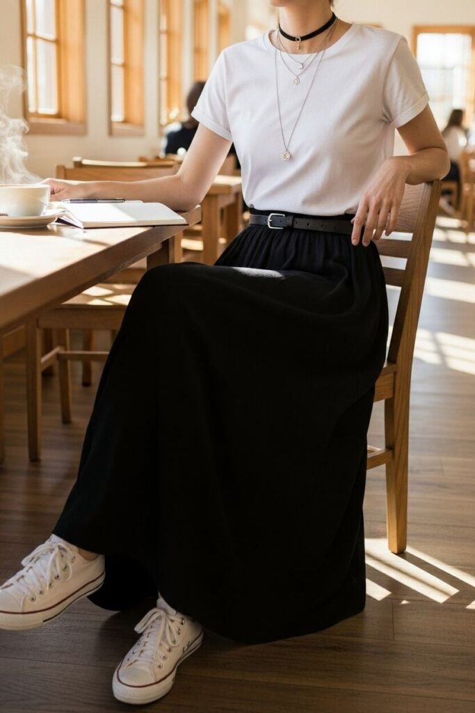 Black Maxi Skirt with White Tee
