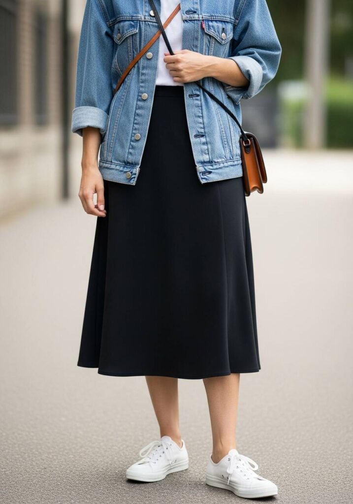 Black Midi Skirt with Denim Jacket