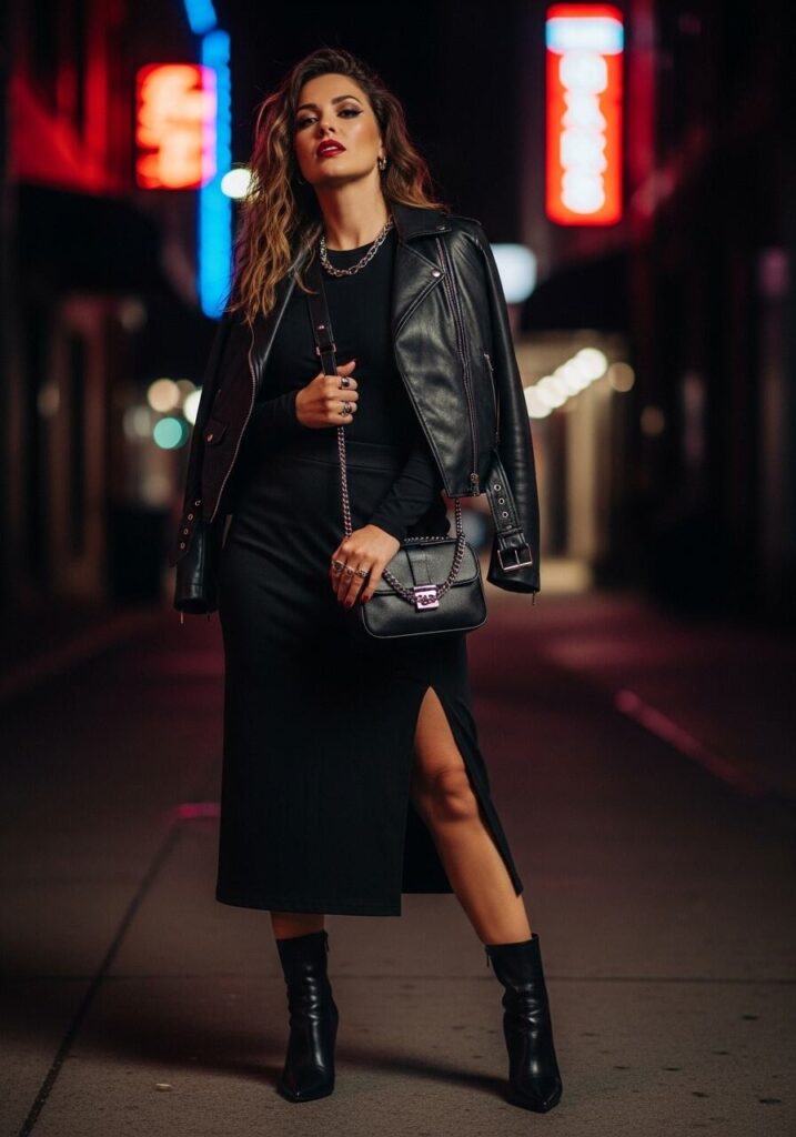 Black Midi Skirt with Leather Jacket
