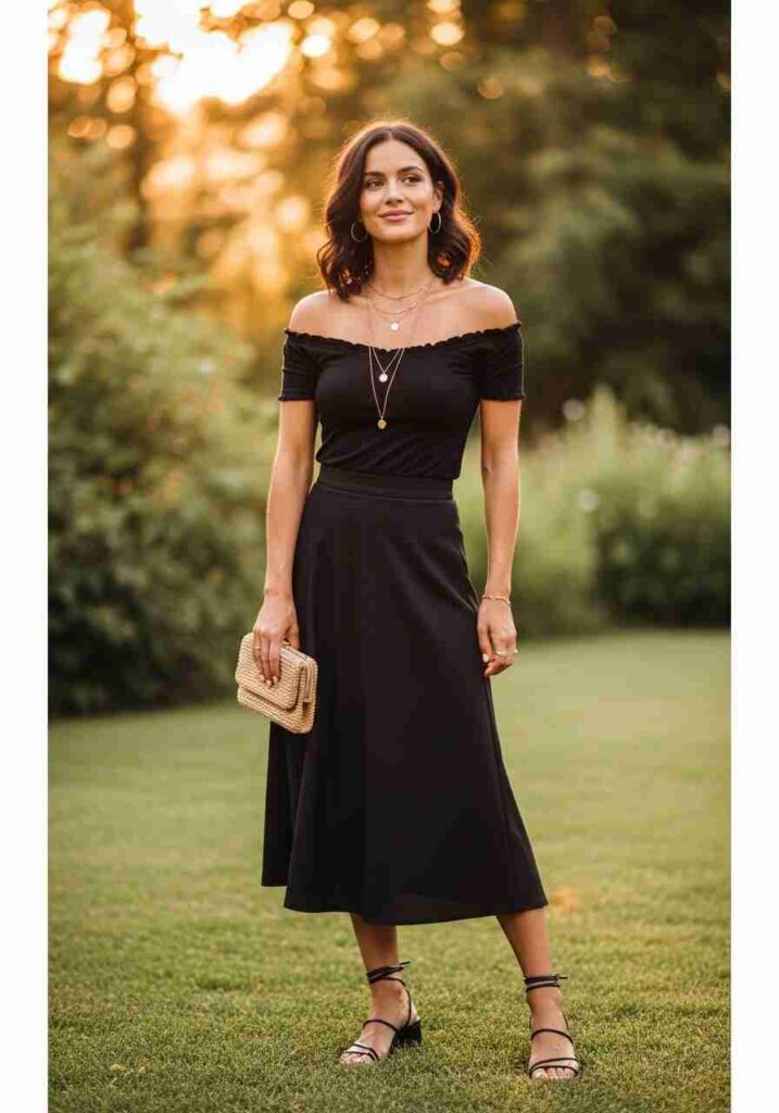 Black Midi Skirt with Off-Shoulder Top
