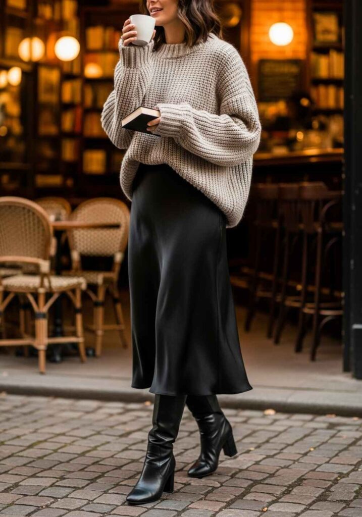 Black Midi Skirt with Oversized Sweater