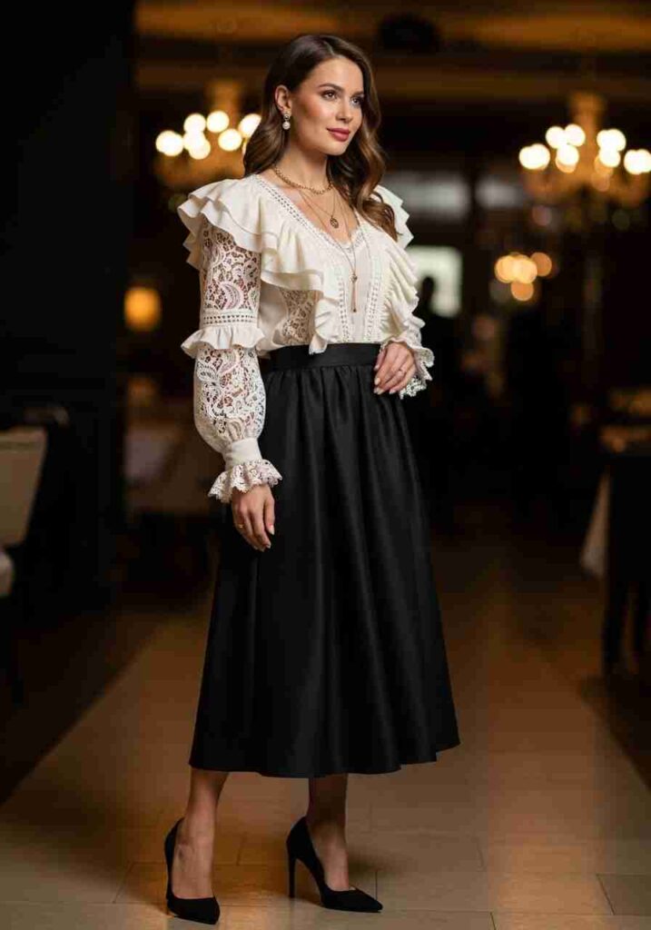 Black Midi Skirt with Statement Blouse