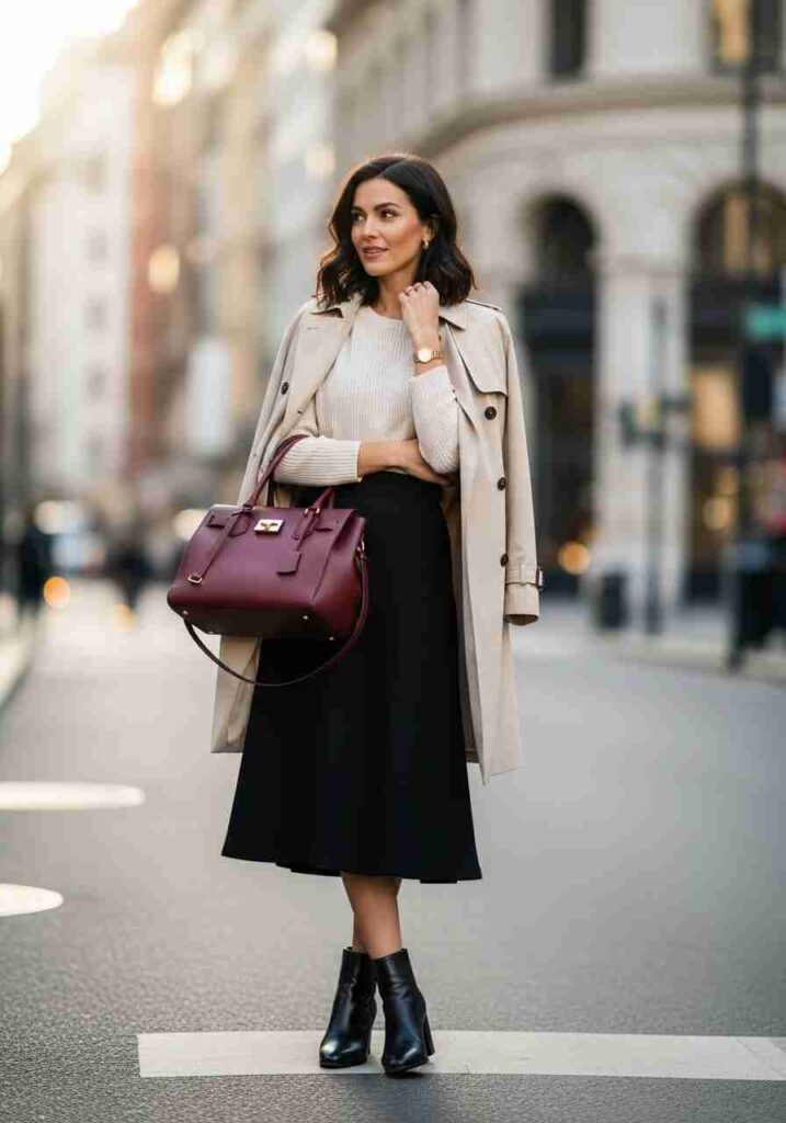 Black Midi Skirt with Trench Coat