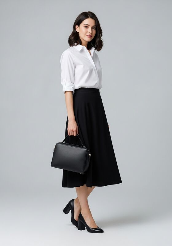 Black Midi Skirt with White Button-Down Shirt