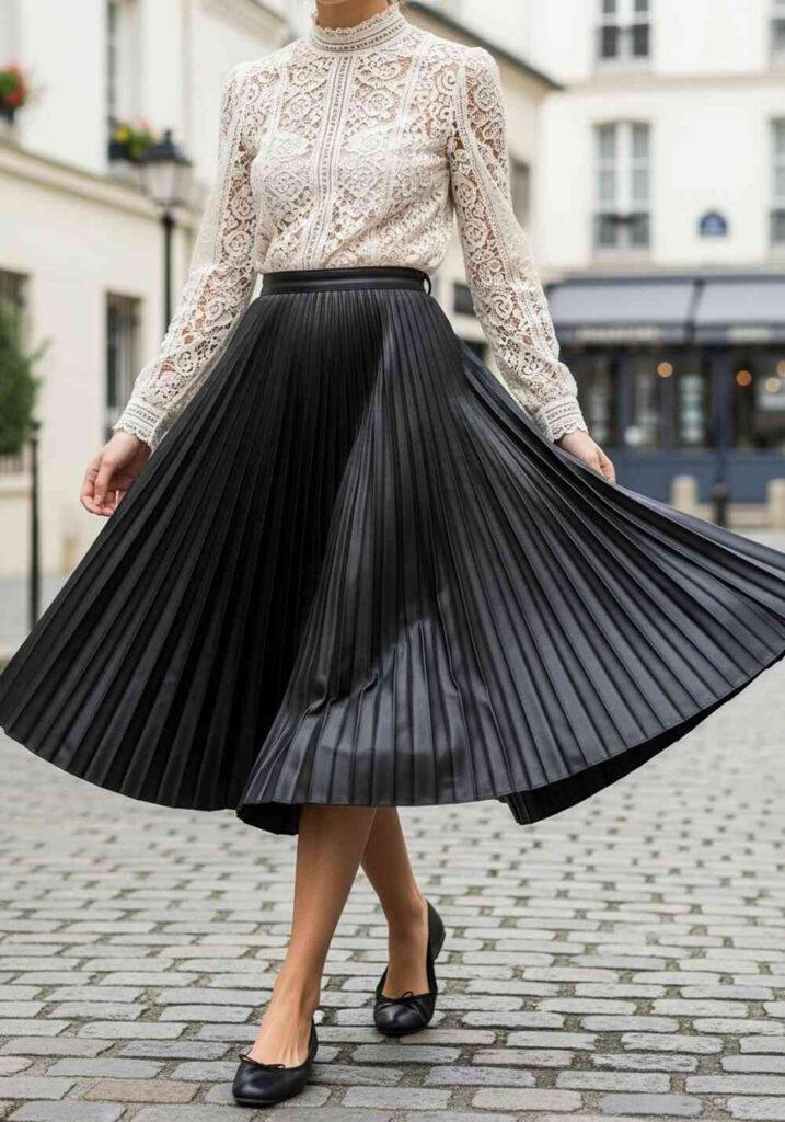 Black Pleated Leather Skirt with Lace Blouse
