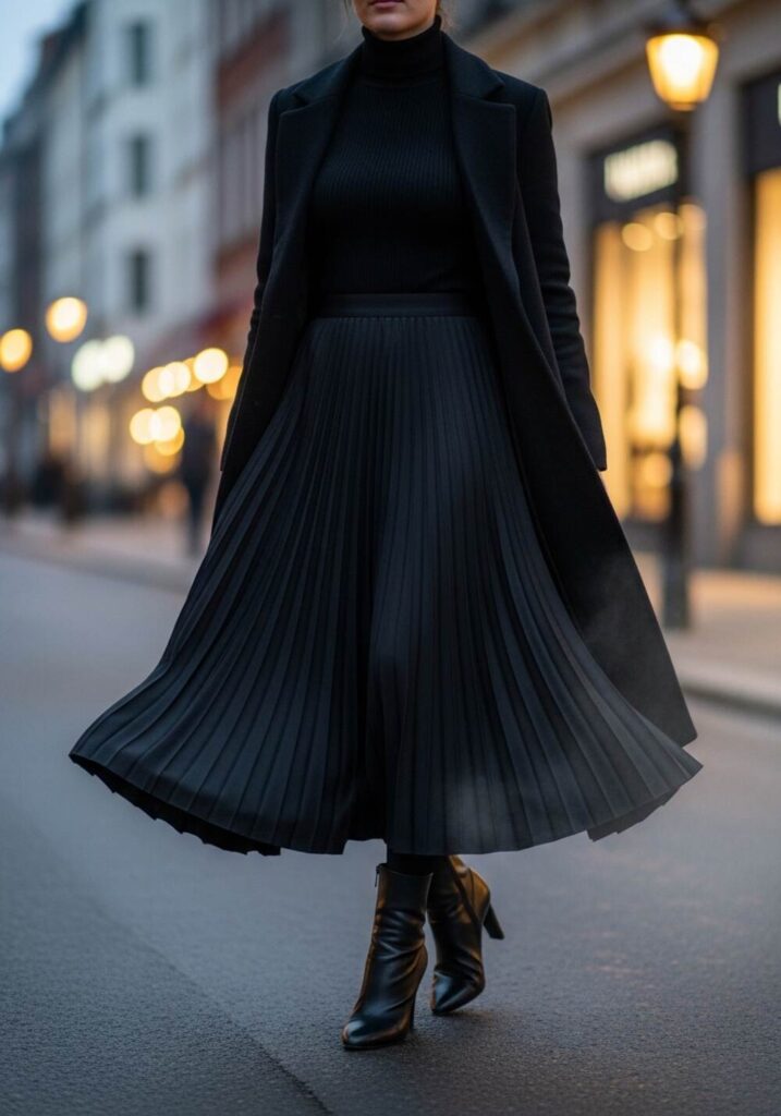 Black Pleated Midi Skirt with Turtleneck