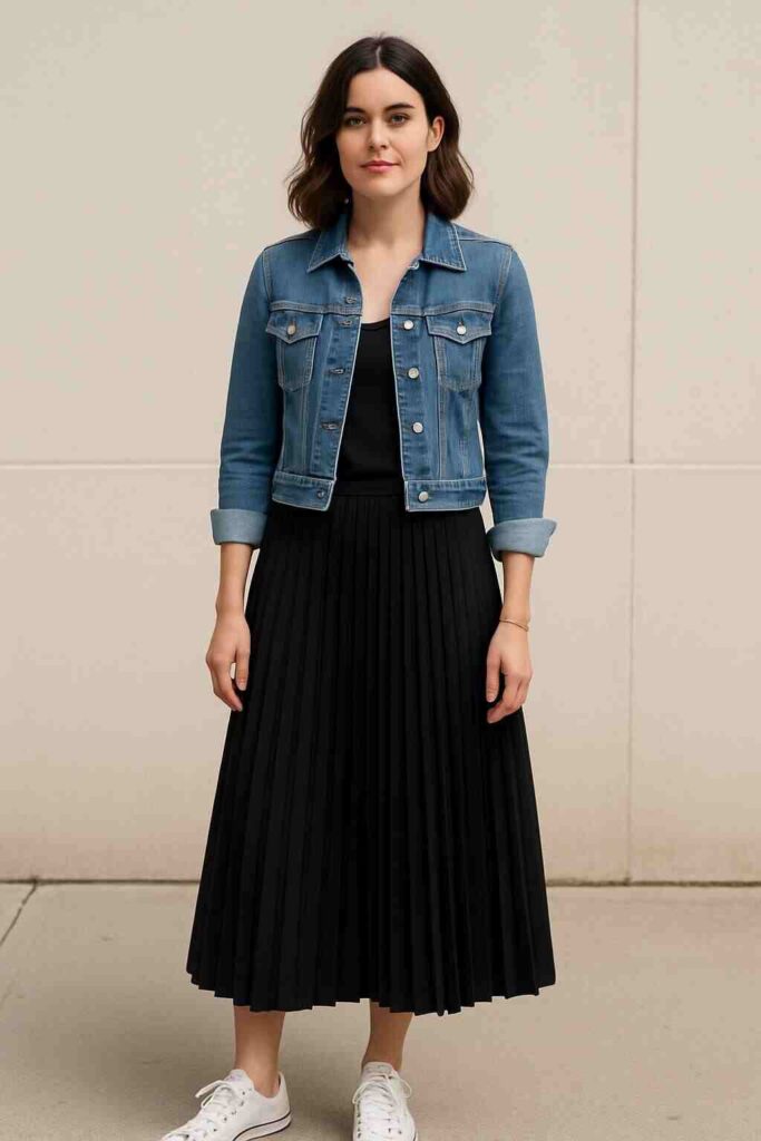 Black Pleated Skirt with Denim Jacket