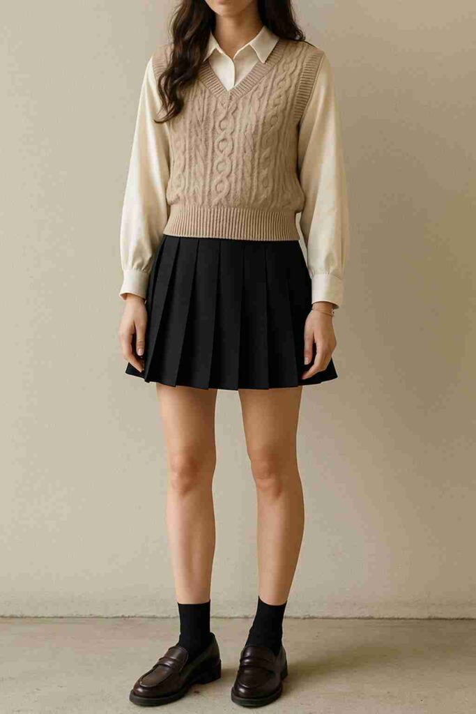 Black Pleated Skirt with Knit Vest
