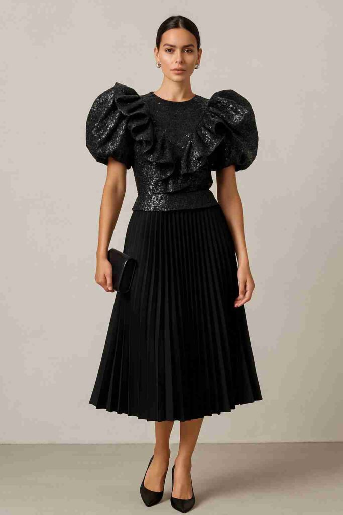 Black Pleated Skirt with Statement Top