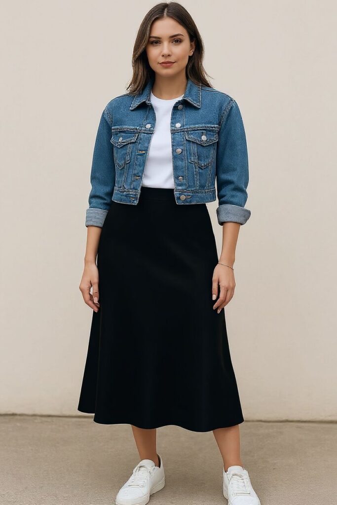 Black Silk Skirt with Denim Jacket