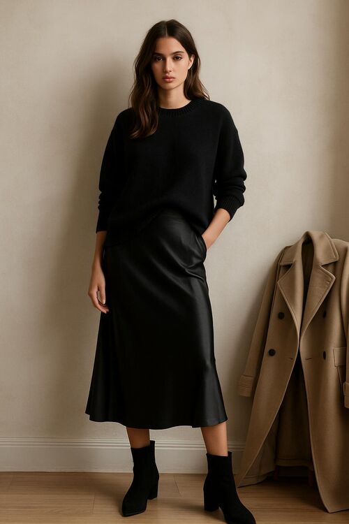 Black Silk Skirt with Oversized Sweater
