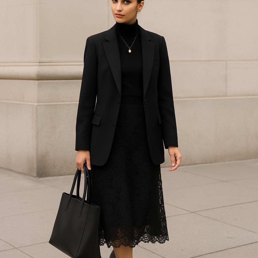Black Turtleneck, Black Lace Skirt, Ankle Boots, Leather Tote