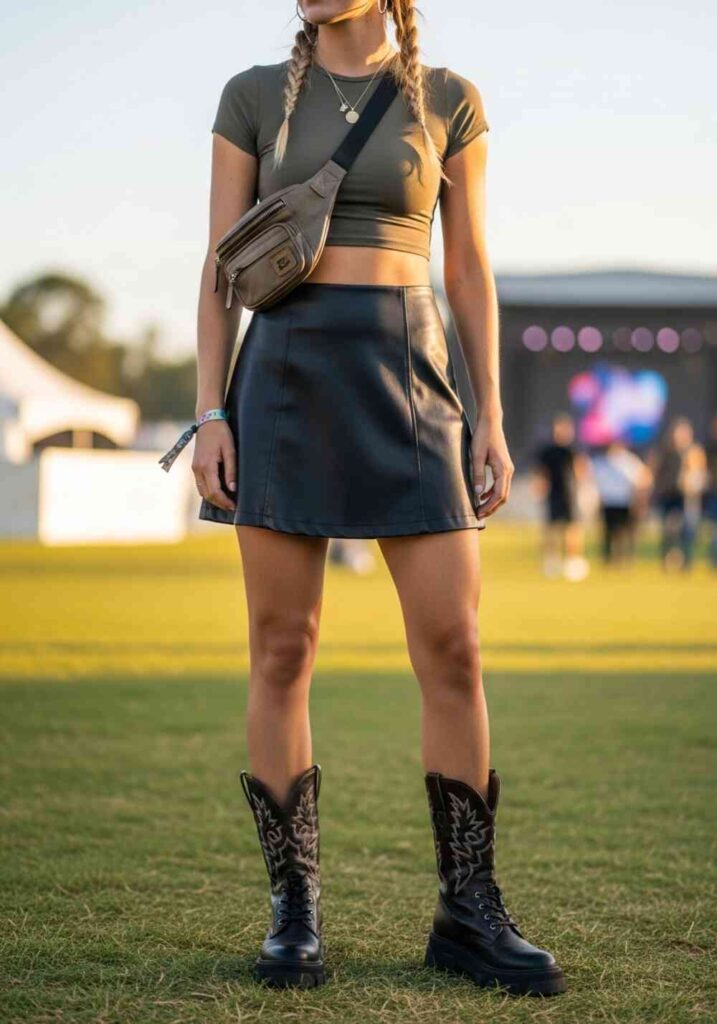 Leather Black Skirt with Crop Top and Boots