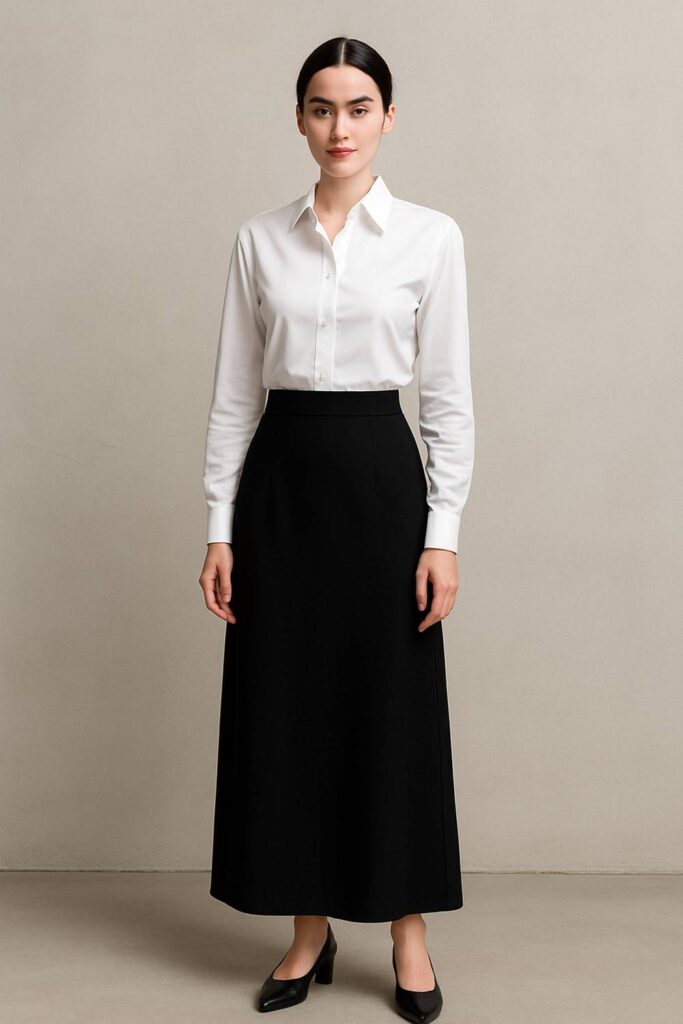 Long Black Skirt with Button-Down Shirt