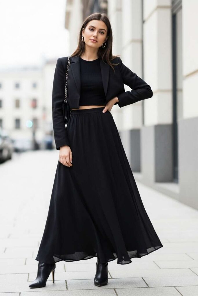 Long Black Skirt with Cropped Blazer