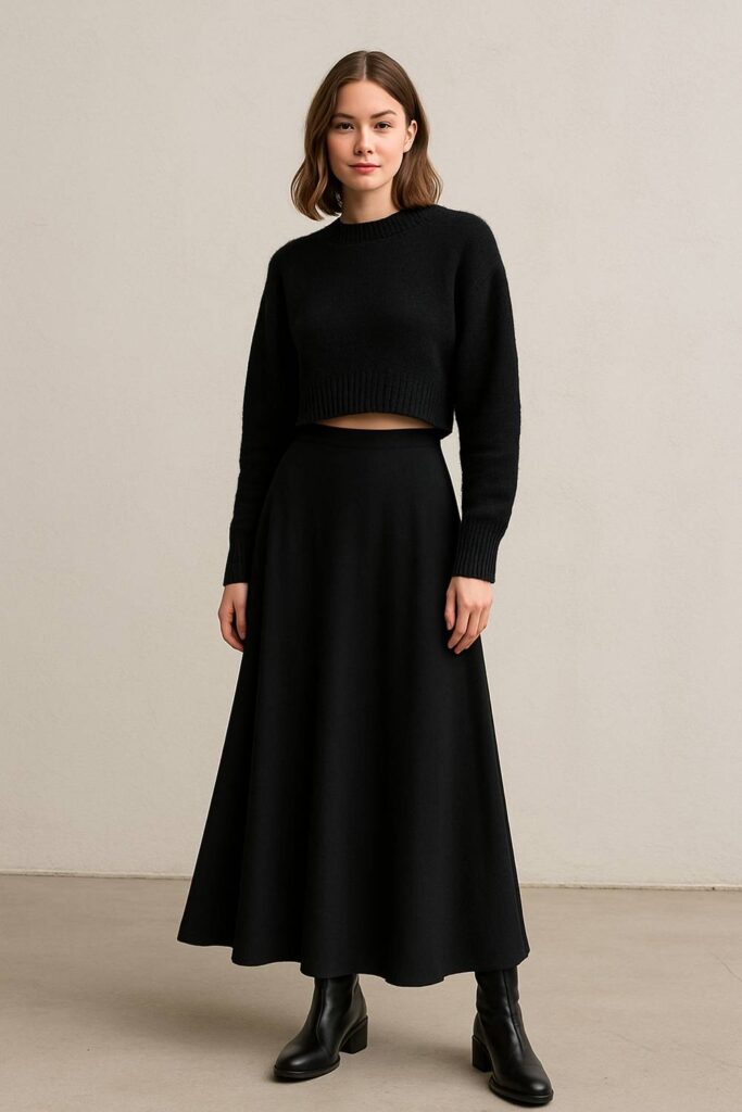 Long Black Skirt with Cropped Sweater