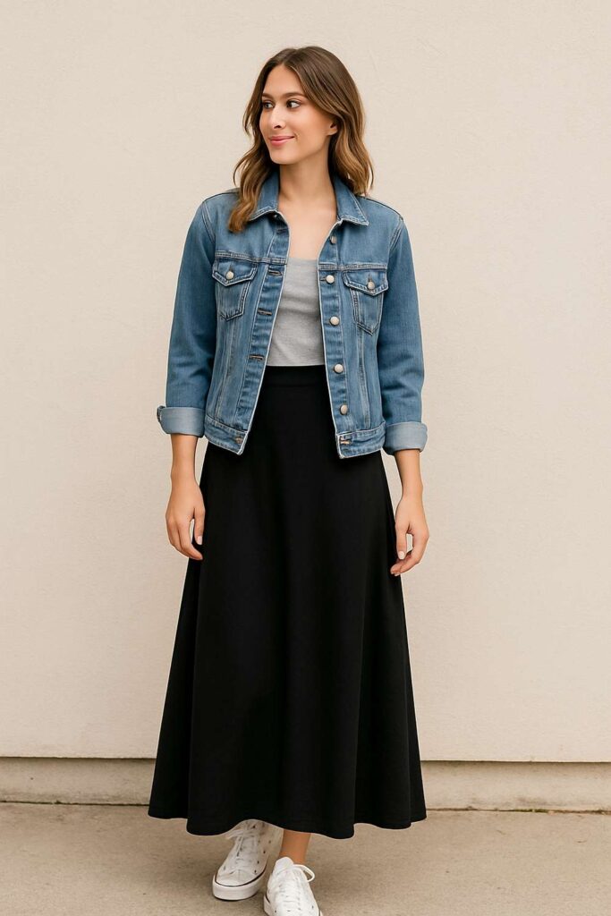 Long Black Skirt with Denim Jacket
