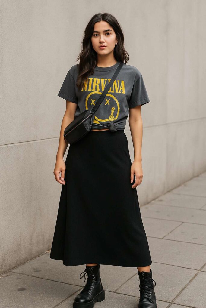 Long Black Skirt with Graphic Tee