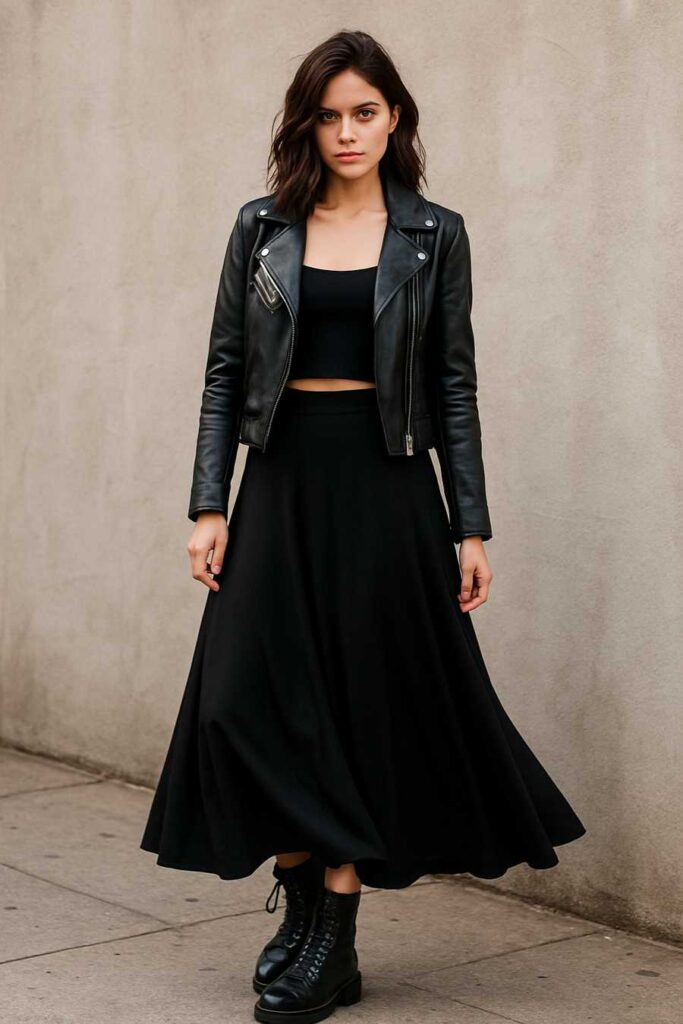 Long Black Skirt with Leather Jacket