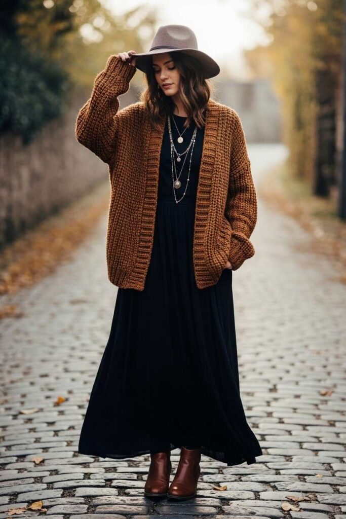 Long Black Skirt with Oversized Cardigan