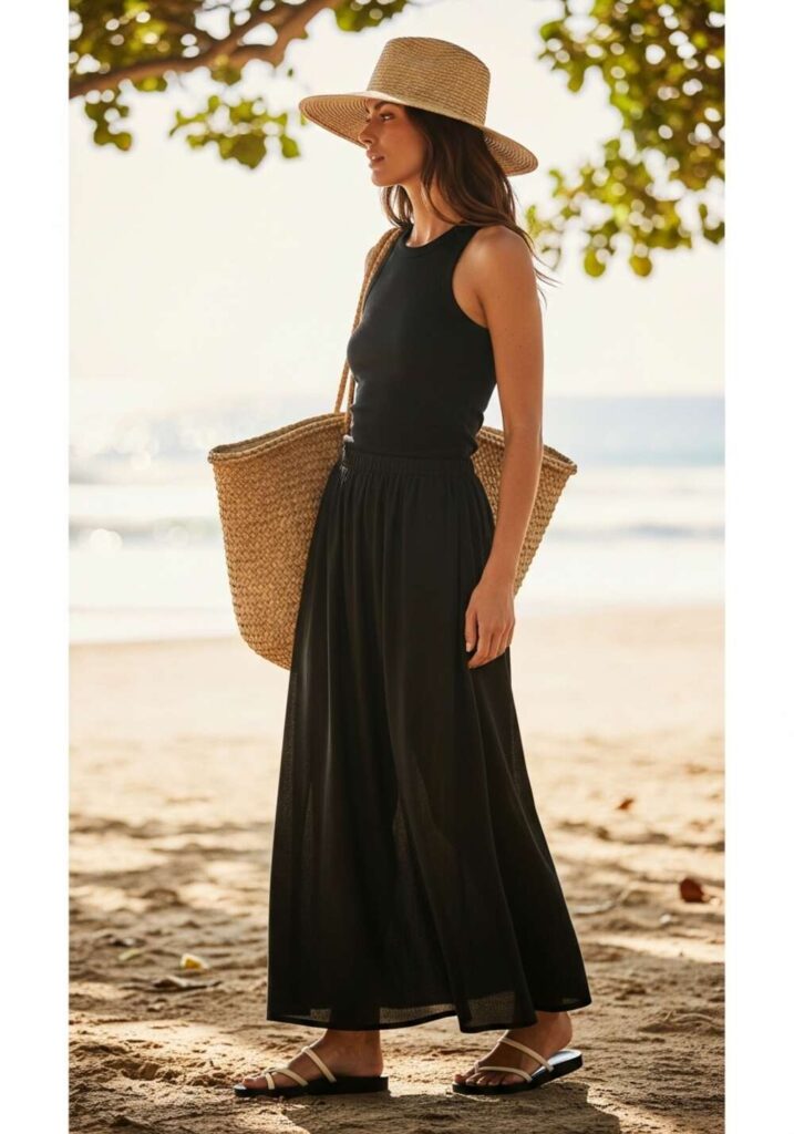 Long Black Skirt with Tank Top and Sandals