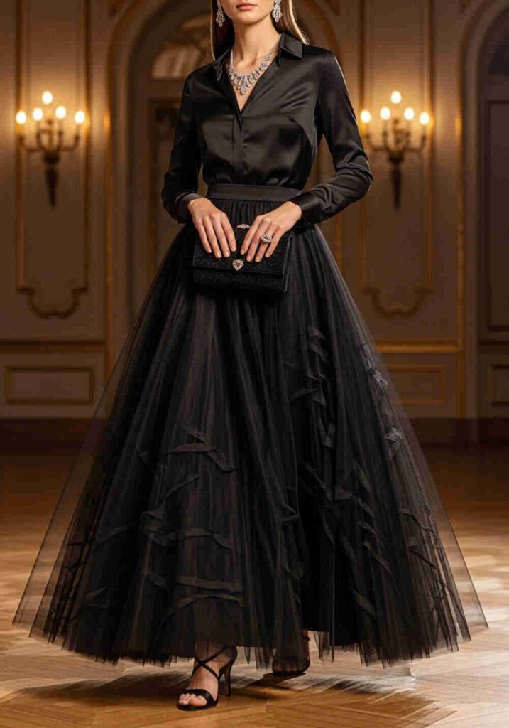 Long Black Skirt with Tulle or Sheer Overlay