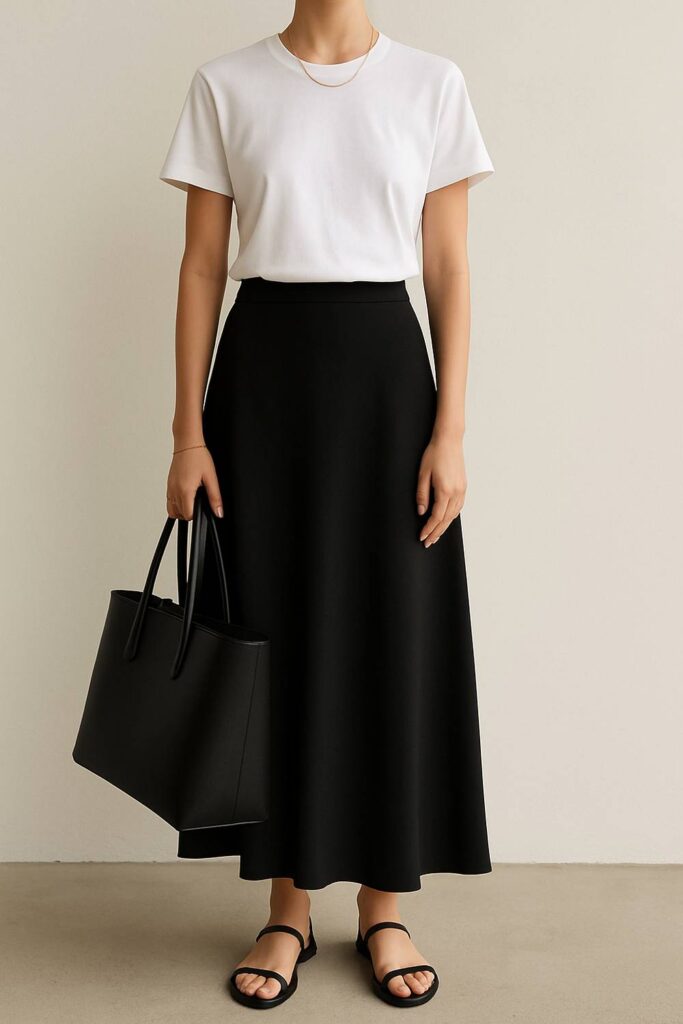 Long Black Skirt with White T-Shirt