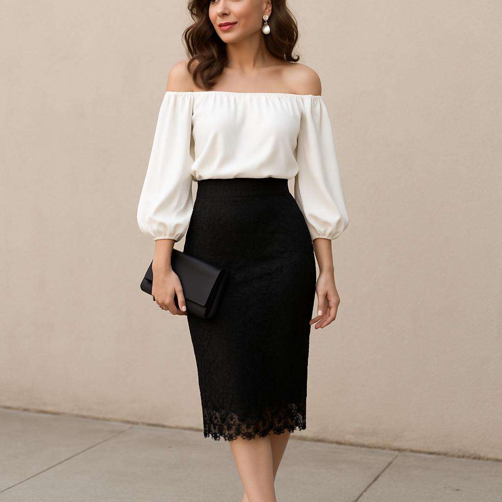 Off-Shoulder Blouse, Black Lace Skirt, Pointed-Toe Heels, Statement Earrings