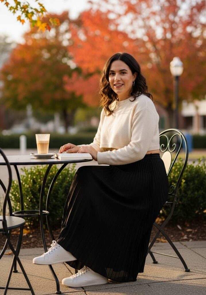 Pleated Black Maxi Skirt with Cropped Sweater
