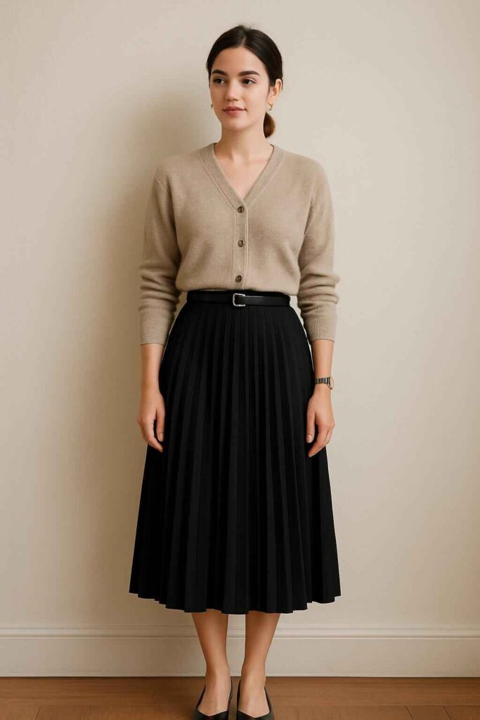 Pleated Black Skirt with Button-Up Cardigan