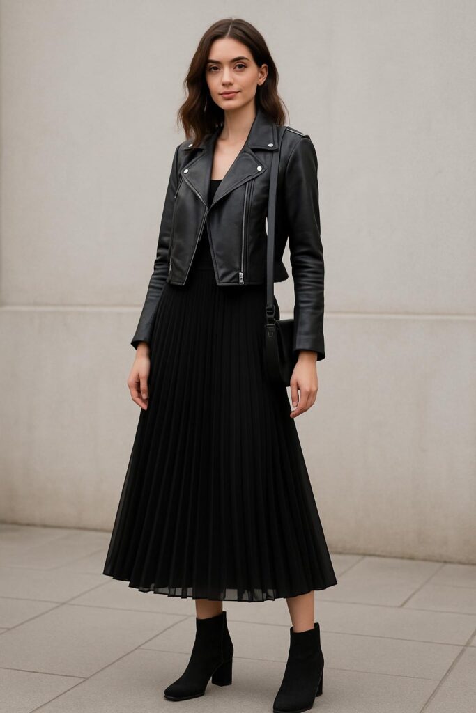 Pleated Black Skirt with Leather Jacket