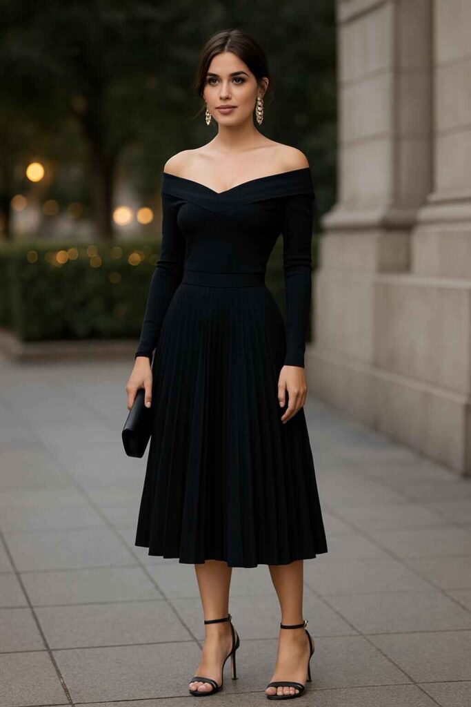 Pleated Black Skirt with Off-Shoulder Top
