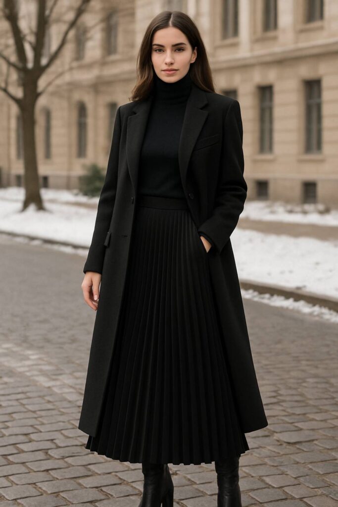 Pleated Long Black Skirt with Turtleneck